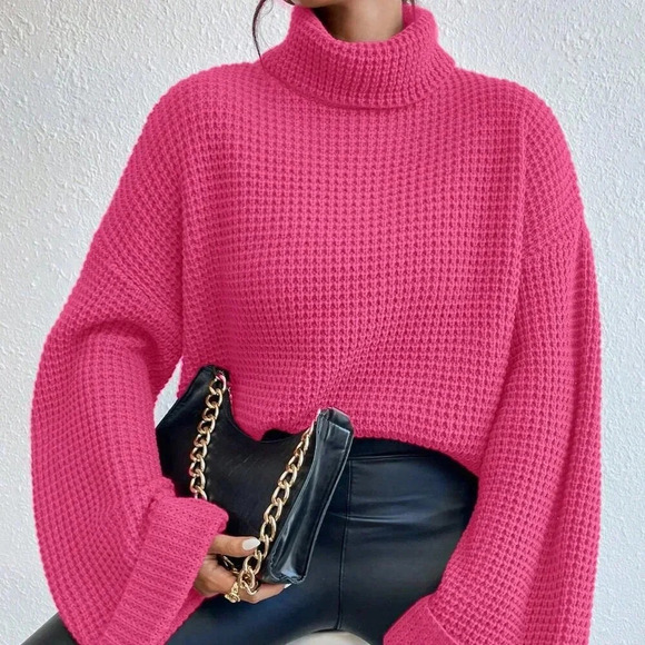 Hot Pink Casual Women's Loose Fit Turtleneck Drop Shoulder Sweater - Picture 4 of 6